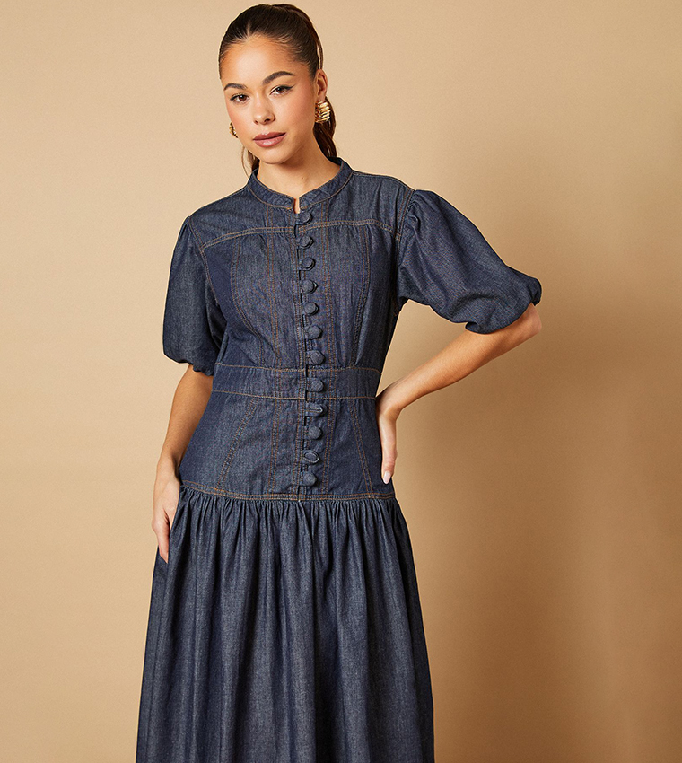 Buy Oasis Drop Waist Button Up Denim Midi Dress In Blue | 6thStreet Qatar