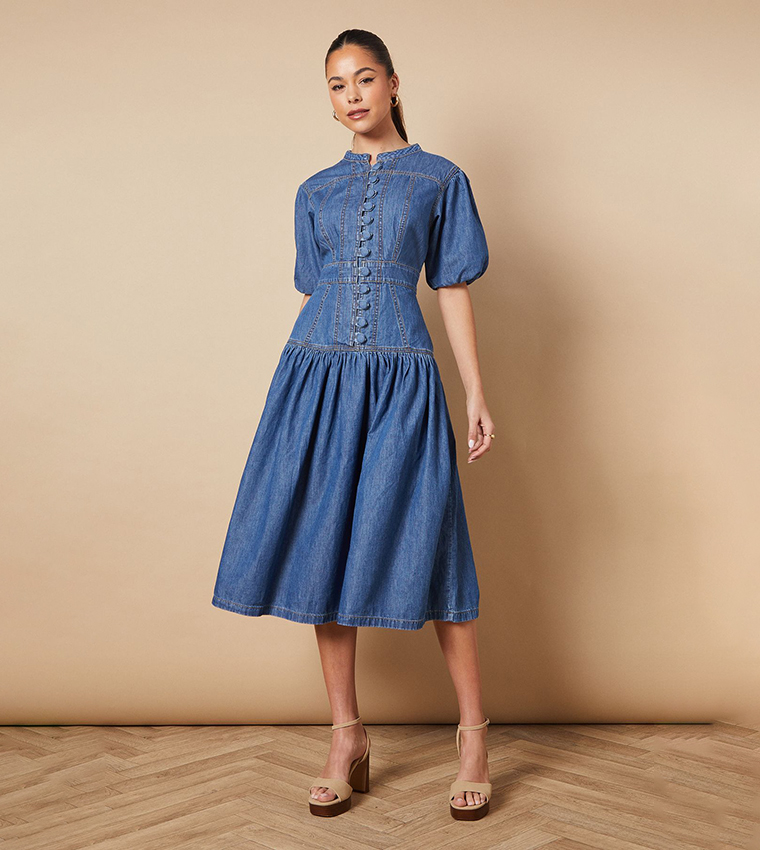 Buy Oasis Drop Waist Button Up Denim Midi Dress In Blue