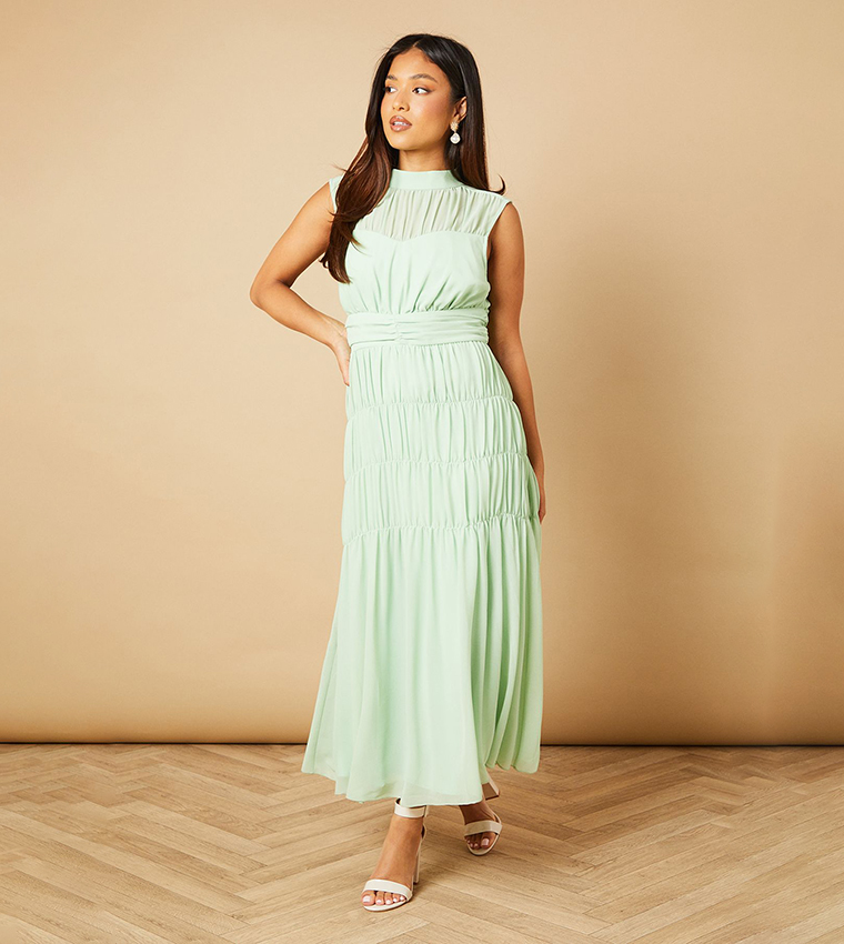 Petite Gathered High Neck Chiffon Maxi Dress