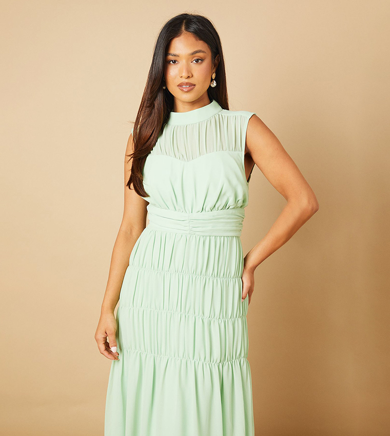 Petite Gathered High Neck Chiffon Maxi Dress