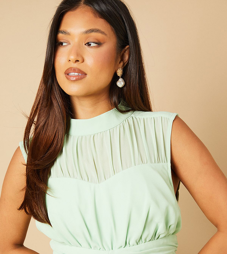 Petite Gathered High Neck Chiffon Maxi Dress