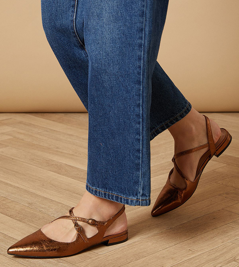Anthea Faux Leather Pointed Cross Strap Ballet Flats