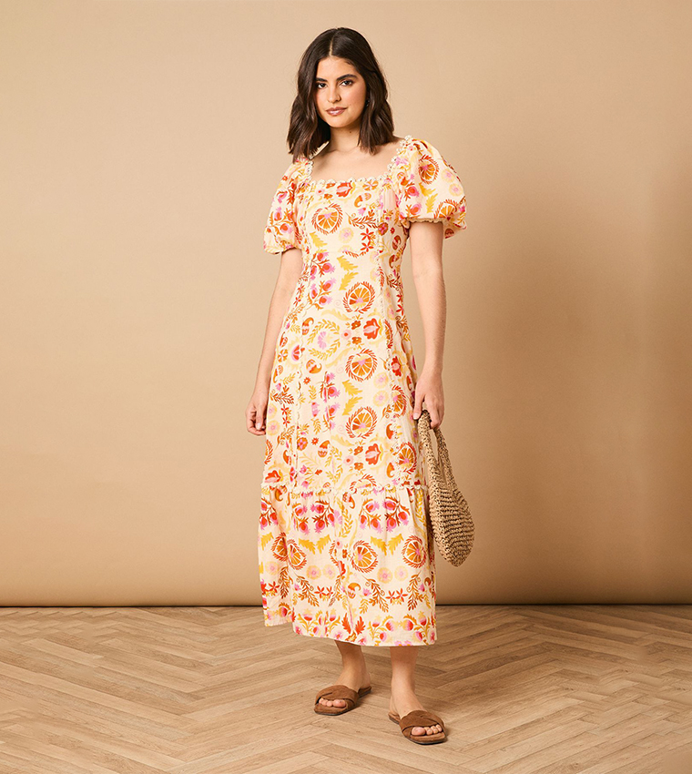 Printed Trim Detail Puff Sleeves Midi Dress