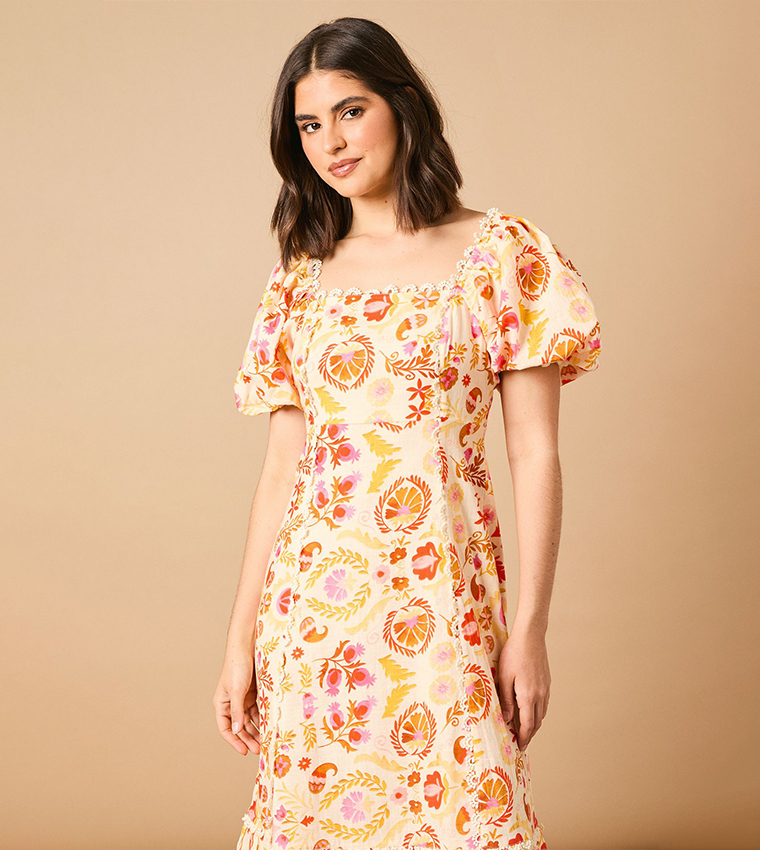 Printed Trim Detail Puff Sleeves Midi Dress