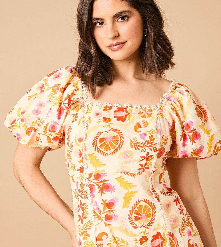 Printed Trim Detail Puff Sleeves Midi Dress