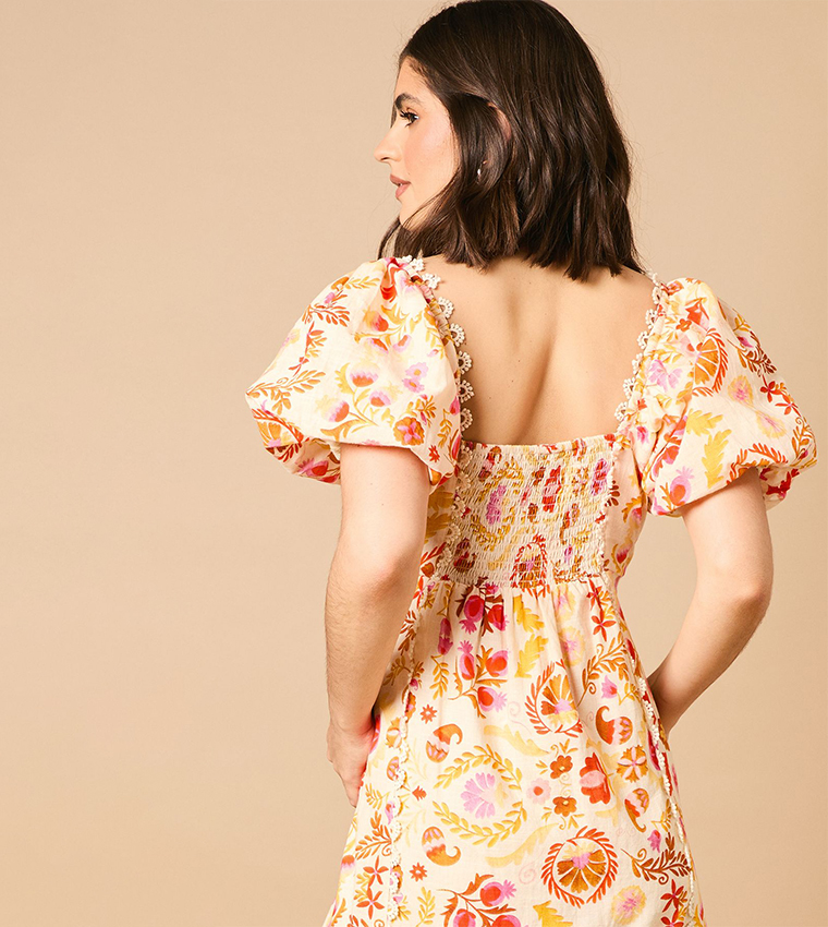 Printed Trim Detail Puff Sleeves Midi Dress