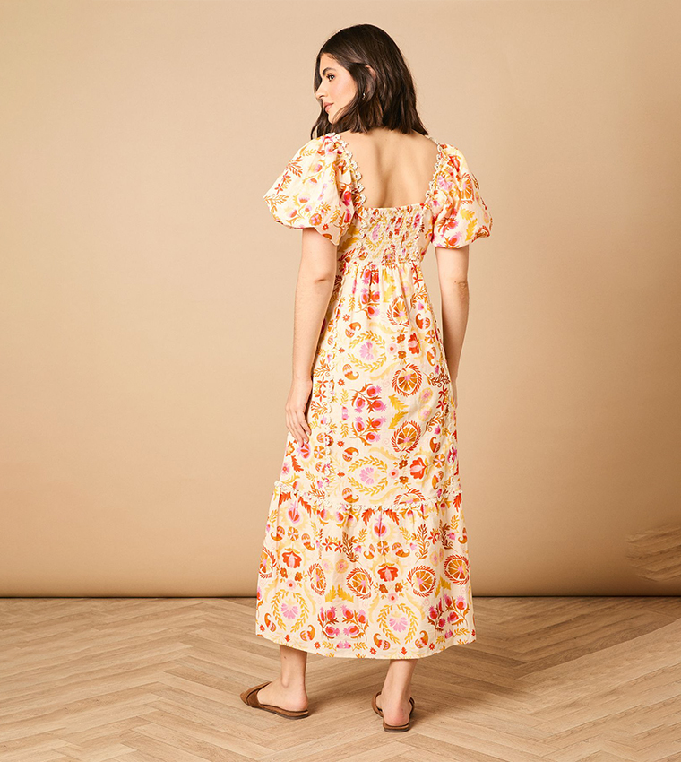 Printed Trim Detail Puff Sleeves Midi Dress