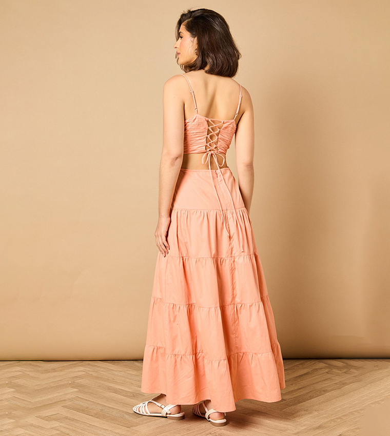Solid Gathered Bust Tie Back Maxi Dress