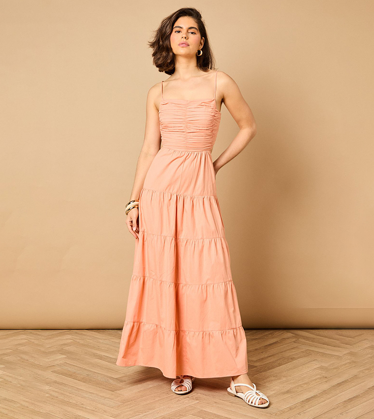 Solid Gathered Bust Tie Back Maxi Dress