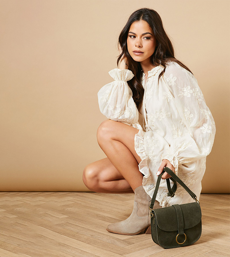 Thessina Suede Structured Ring Detail Crossbody Bag