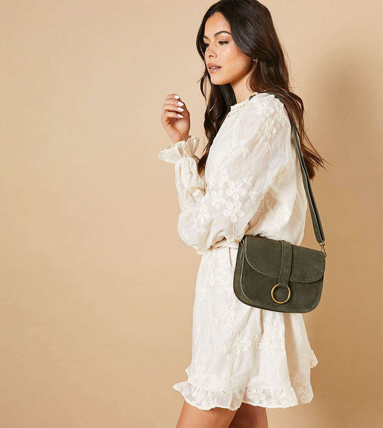 Thessina Suede Structured Ring Detail Crossbody Bag