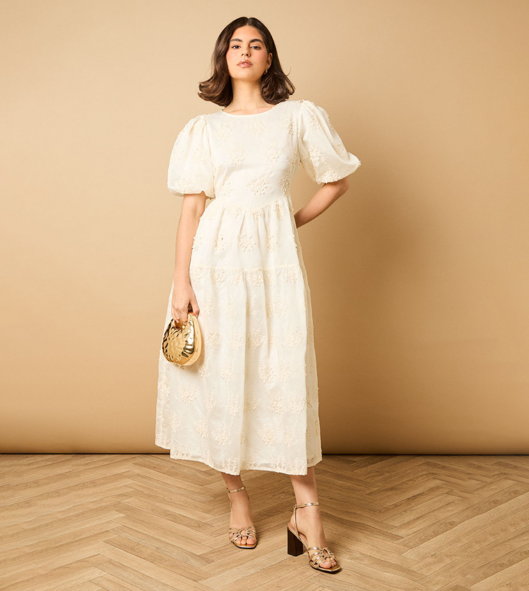 Floral Embroidered Puff Sleeves Midi Dress