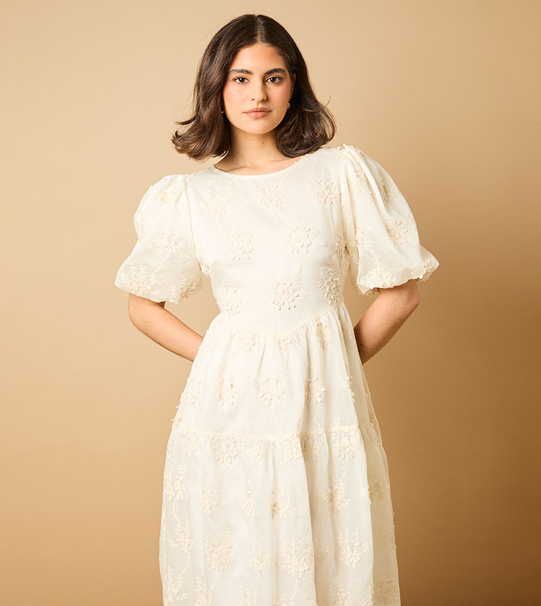 Floral Embroidered Puff Sleeves Midi Dress