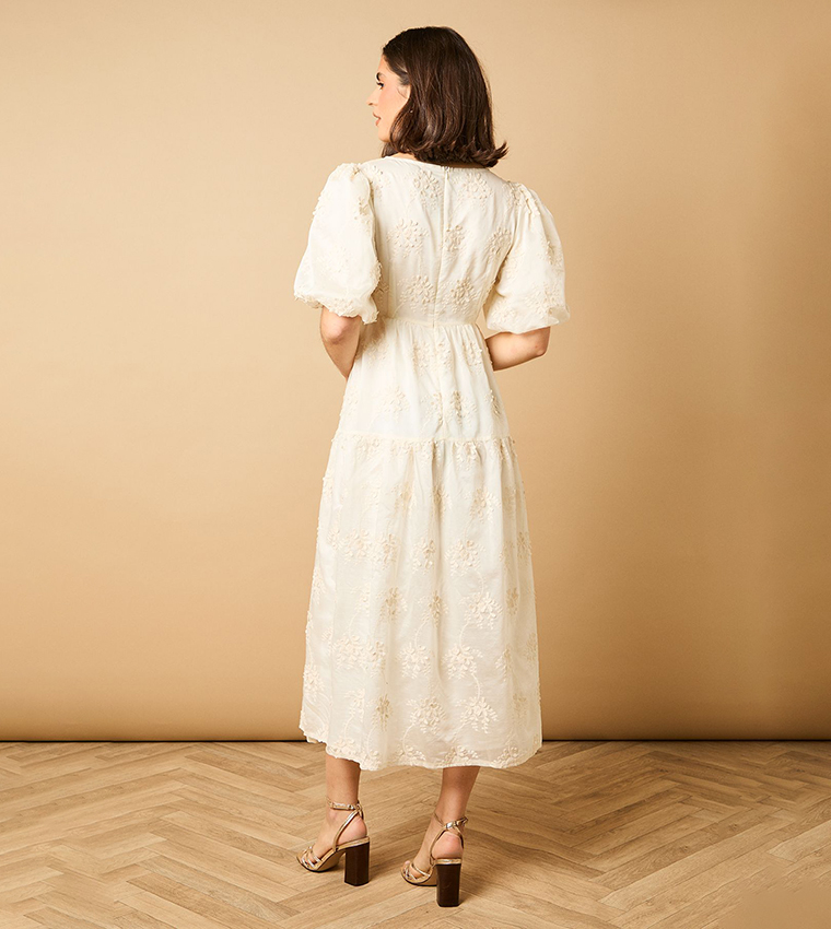 Floral Embroidered Puff Sleeves Midi Dress