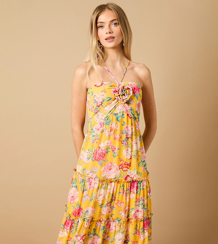 Rosette Detail Halterneck Midi Dress