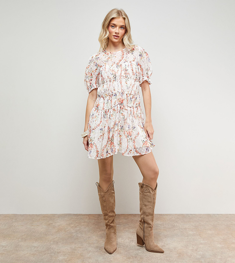Printed Dobby Shirred Bodice Mini Dress