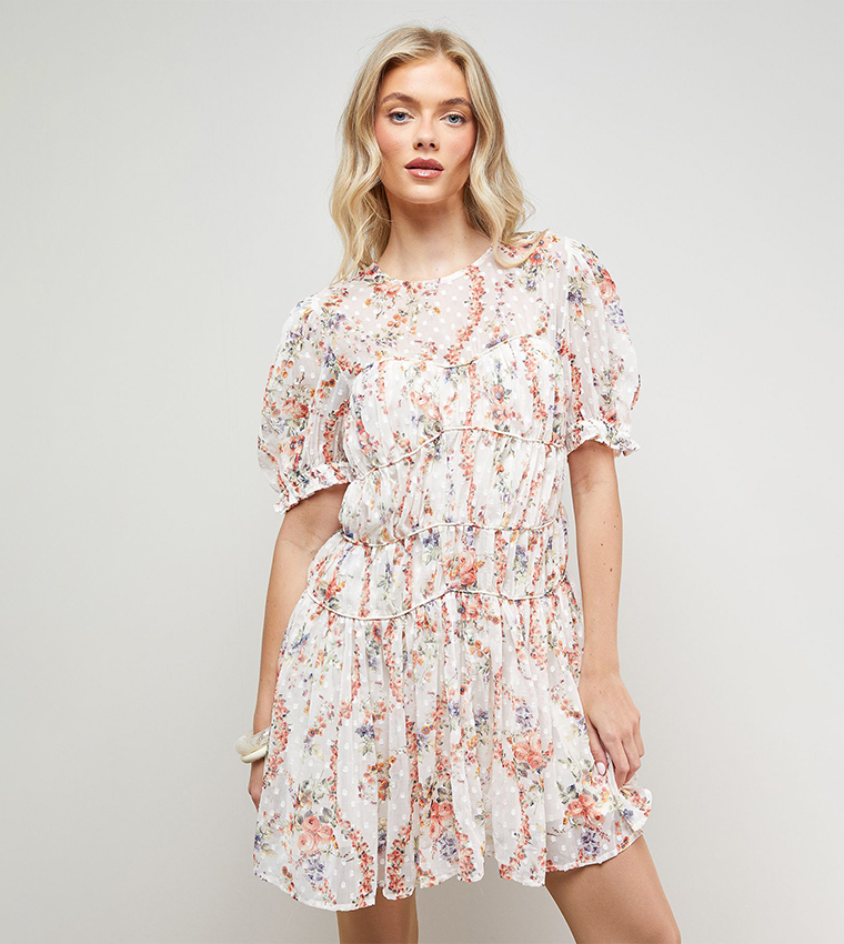 Printed Dobby Shirred Bodice Mini Dress