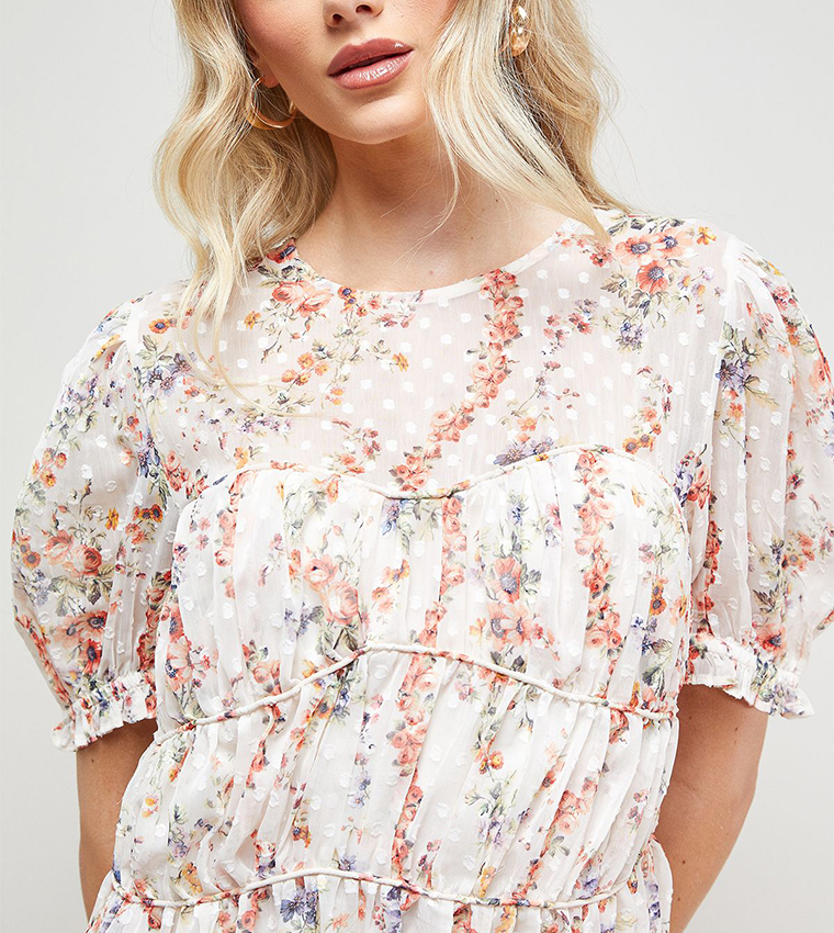 Printed Dobby Shirred Bodice Mini Dress