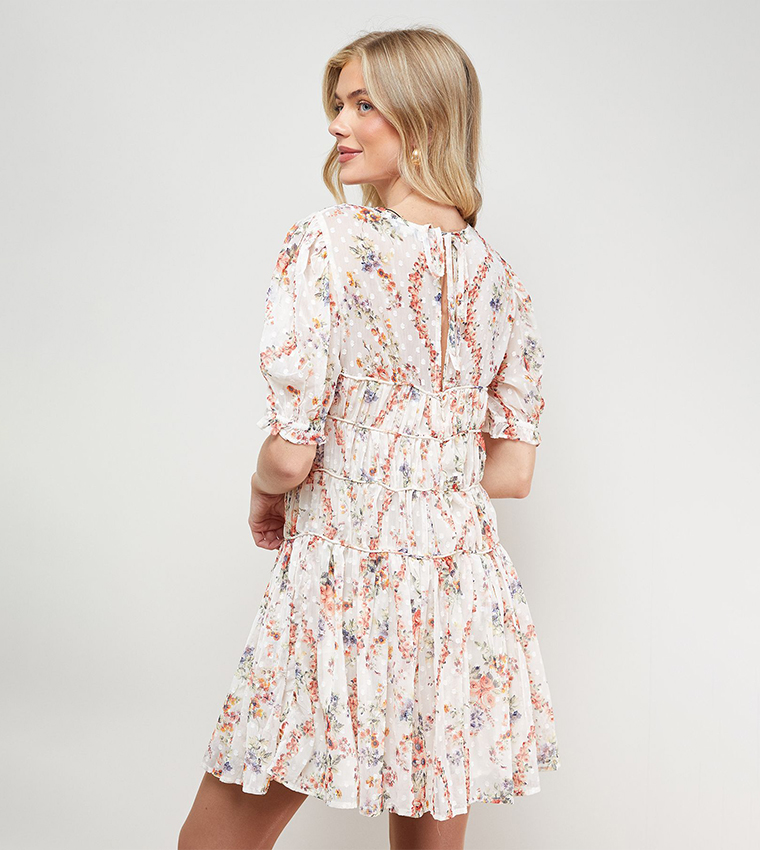 Printed Dobby Shirred Bodice Mini Dress