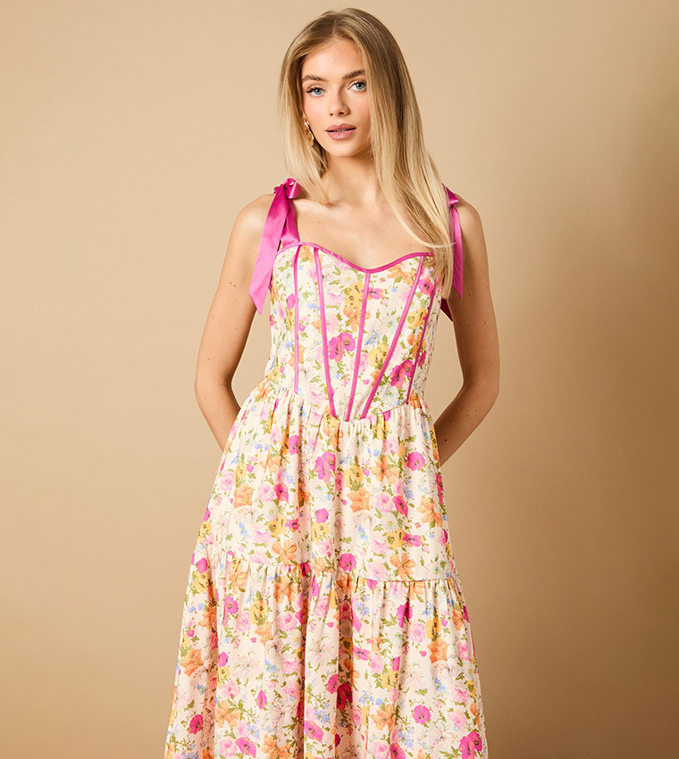 Corset Detail Bow Tie Strap Midi Dress