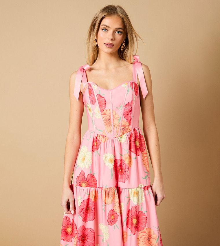 asos orange and pink dress ASOS DESIGN Corset Detail Drop Waist Midi Dress In Pink And Orange Tie  Dye-Multi for Women