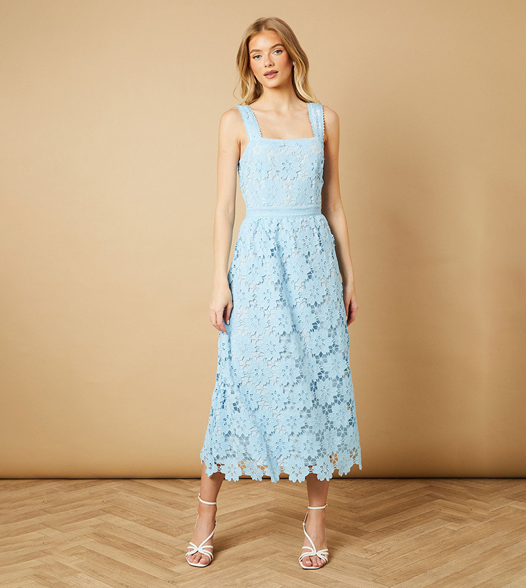 Buy Oasis Floral Lace Detail Square Neck Midi Dress In Light Blue