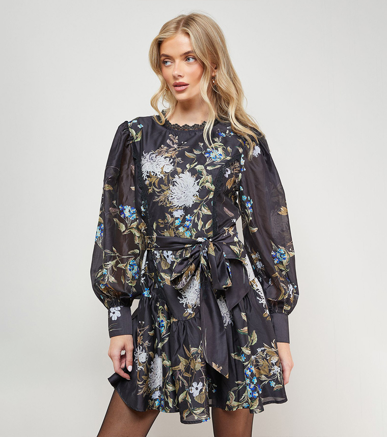 Patterned Flippy Hem Belted Mini Dress