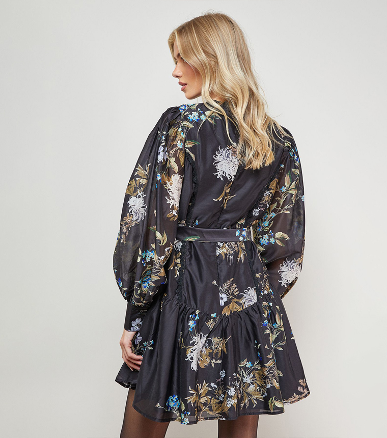 Patterned Flippy Hem Belted Mini Dress