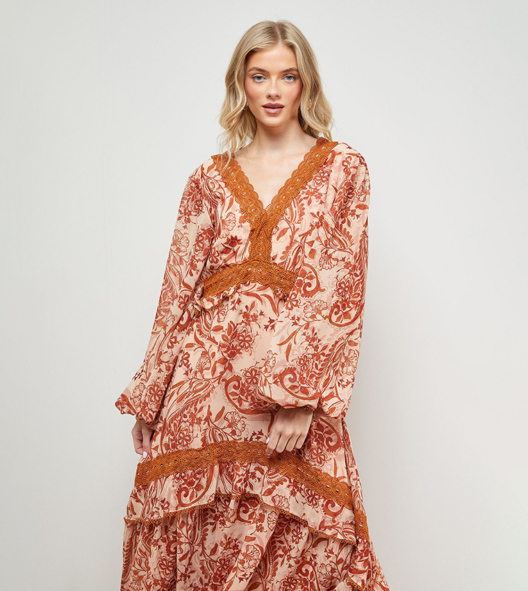 Printed Lace Detail Volume Midi Dress