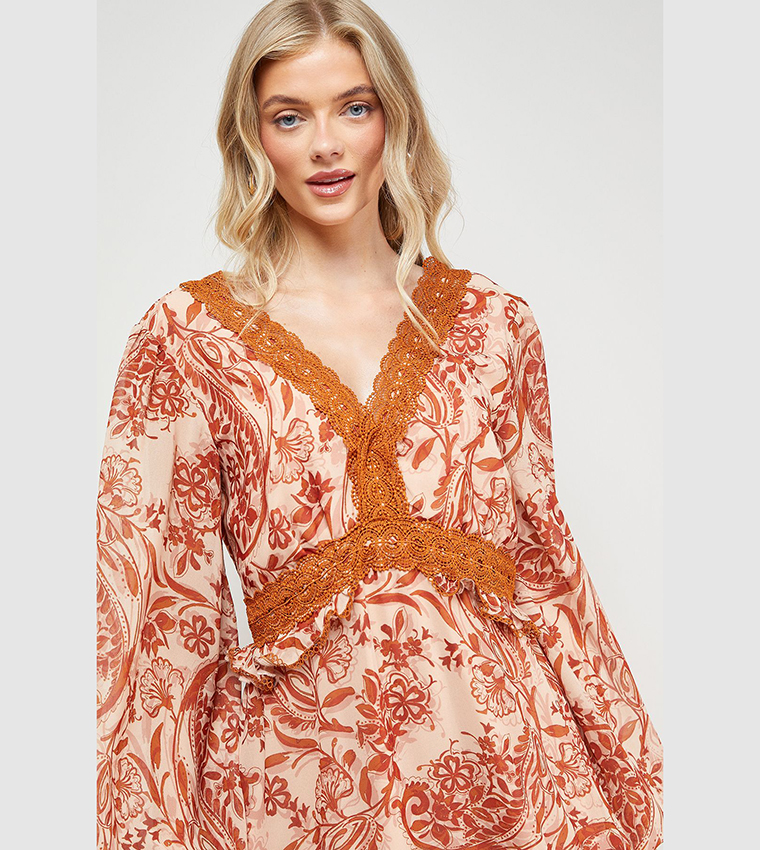 Printed Lace Detail Volume Midi Dress