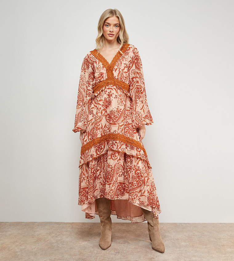 Printed Lace Detail Volume Midi Dress