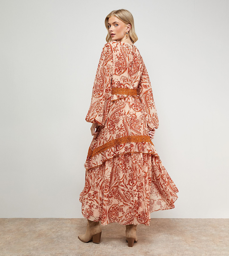 Printed Lace Detail Volume Midi Dress