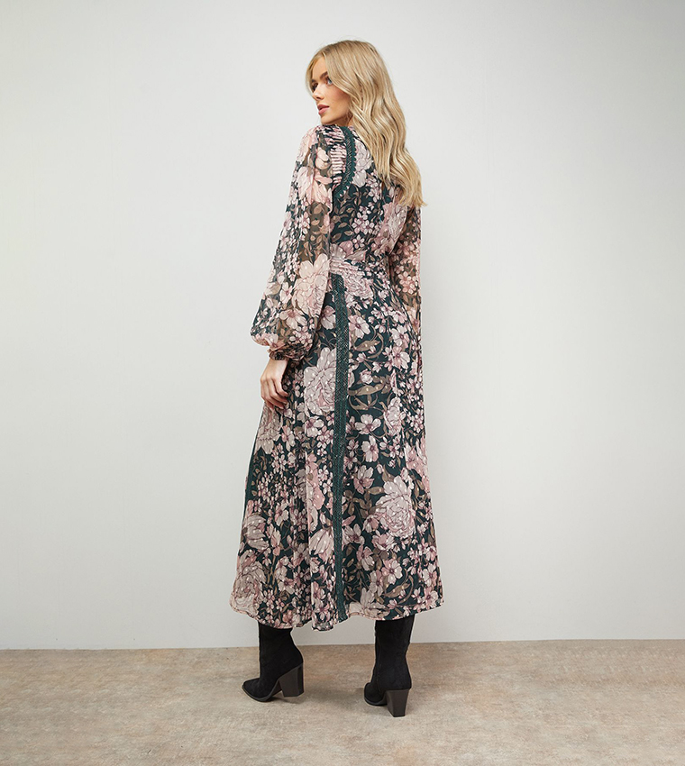 فستان ميدي فلير بحواف دانتيل وطبعة 