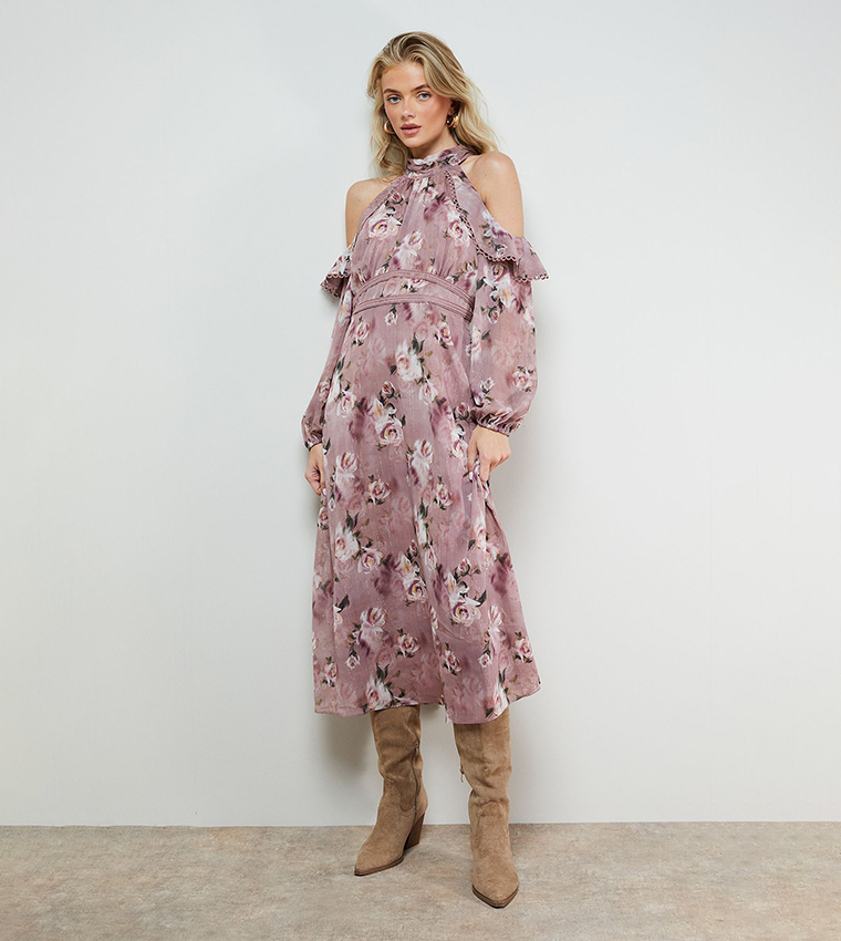 Printed Cold Shoulder Ruffle Halterneck Midi Dress