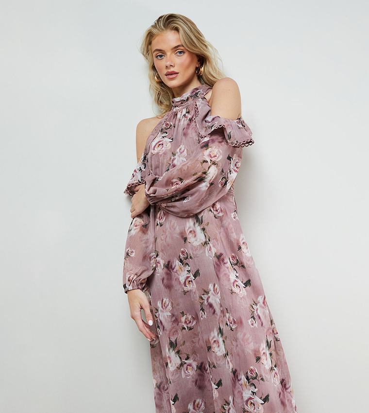 Printed Cold Shoulder Ruffle Halterneck Midi Dress