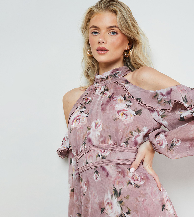 Printed Cold Shoulder Ruffle Halterneck Midi Dress