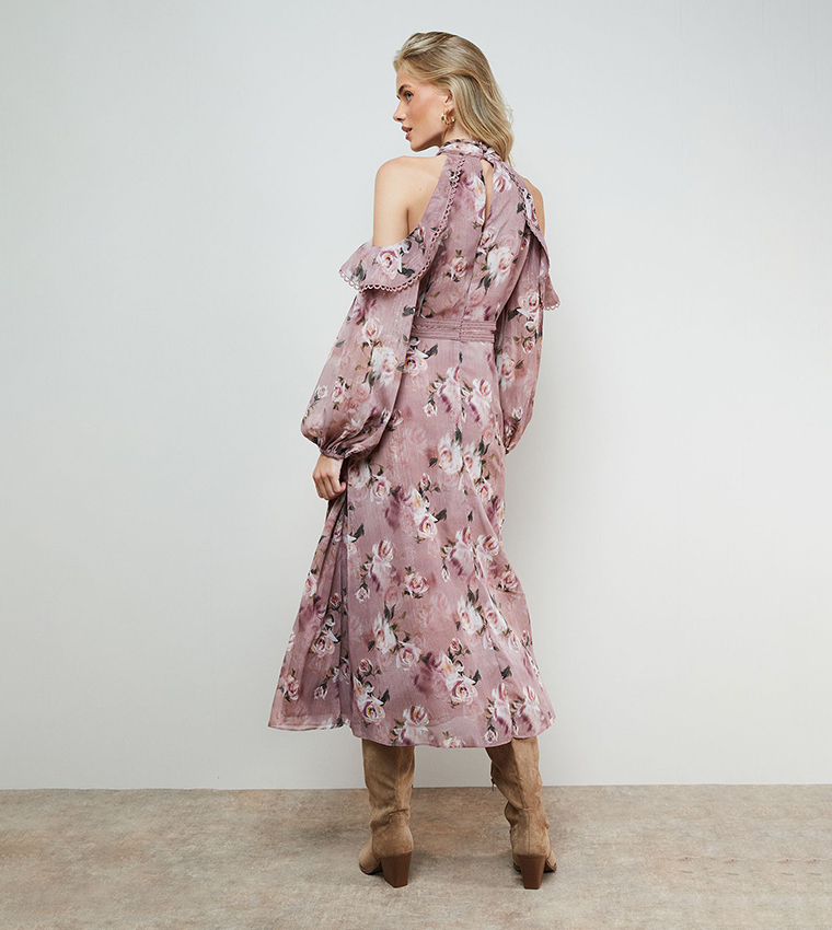 Printed Cold Shoulder Ruffle Halterneck Midi Dress