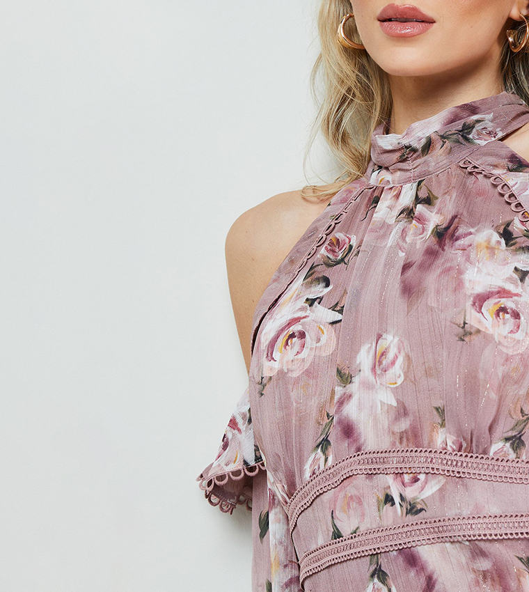 Printed Cold Shoulder Ruffle Halterneck Midi Dress