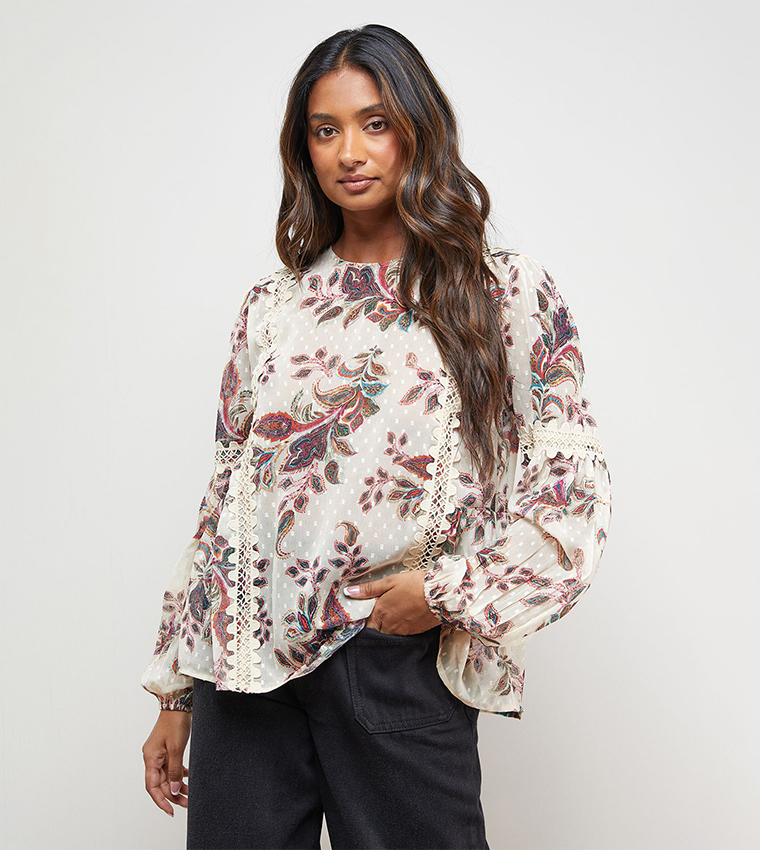 Printed Lace Detail Dobby Chiffon Top