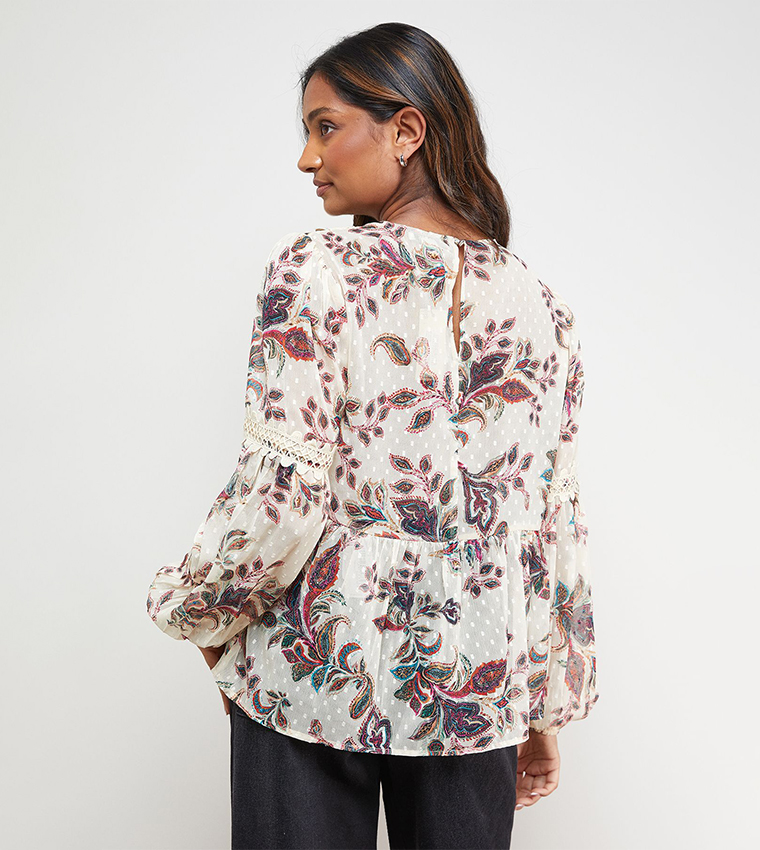 Printed Lace Detail Dobby Chiffon Top