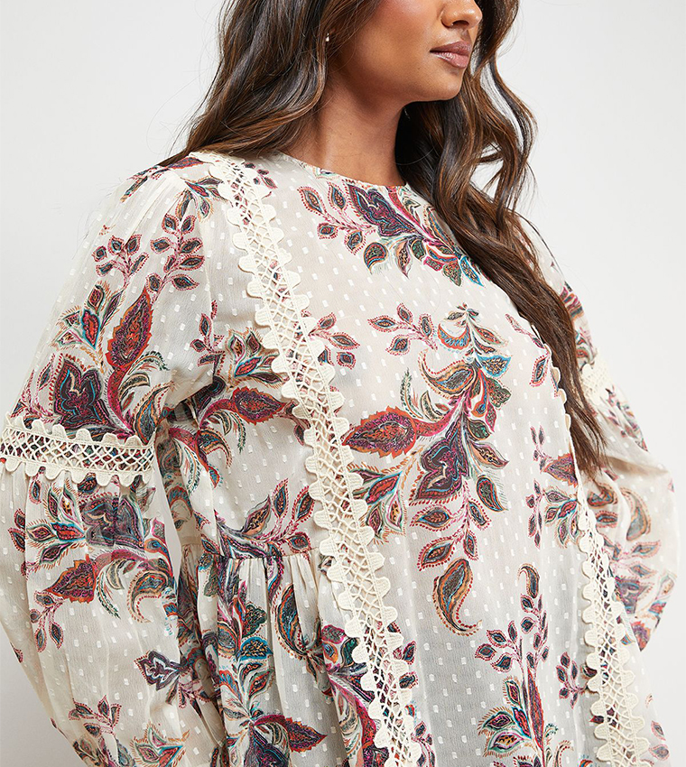 Printed Lace Detail Dobby Chiffon Top
