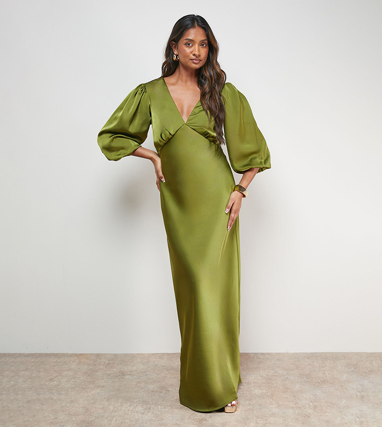 Satin V-Neck Balloon Sleeves Bias Midi Dress