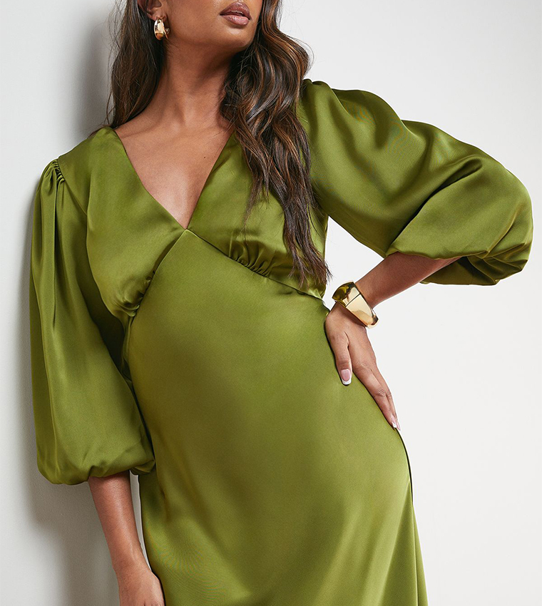 Satin V-Neck Balloon Sleeves Bias Midi Dress