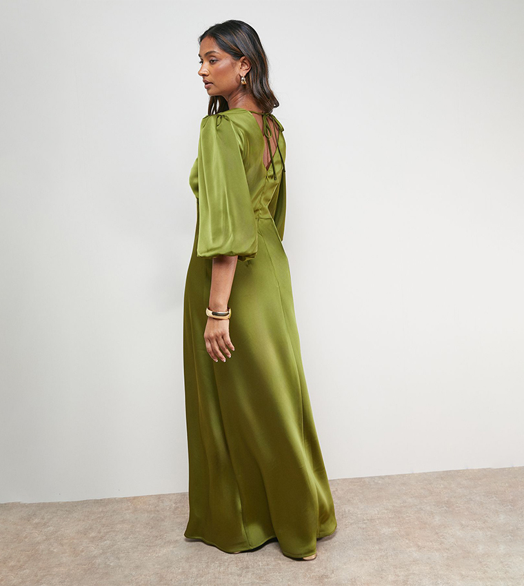 Satin V-Neck Balloon Sleeves Bias Midi Dress