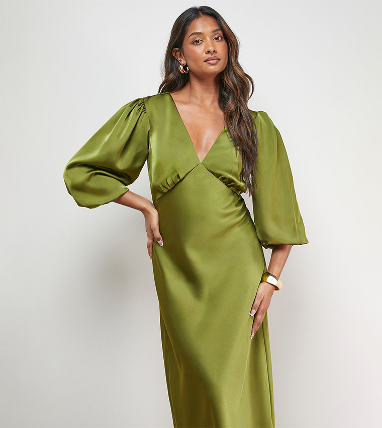 Satin V-Neck Balloon Sleeves Bias Midi Dress