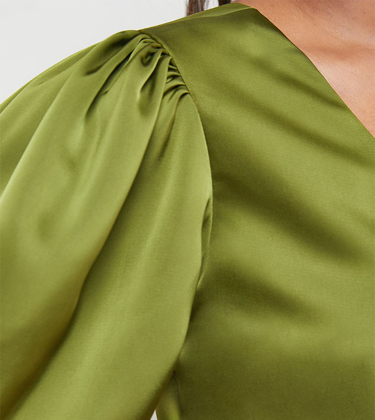 Satin V-Neck Balloon Sleeves Bias Midi Dress