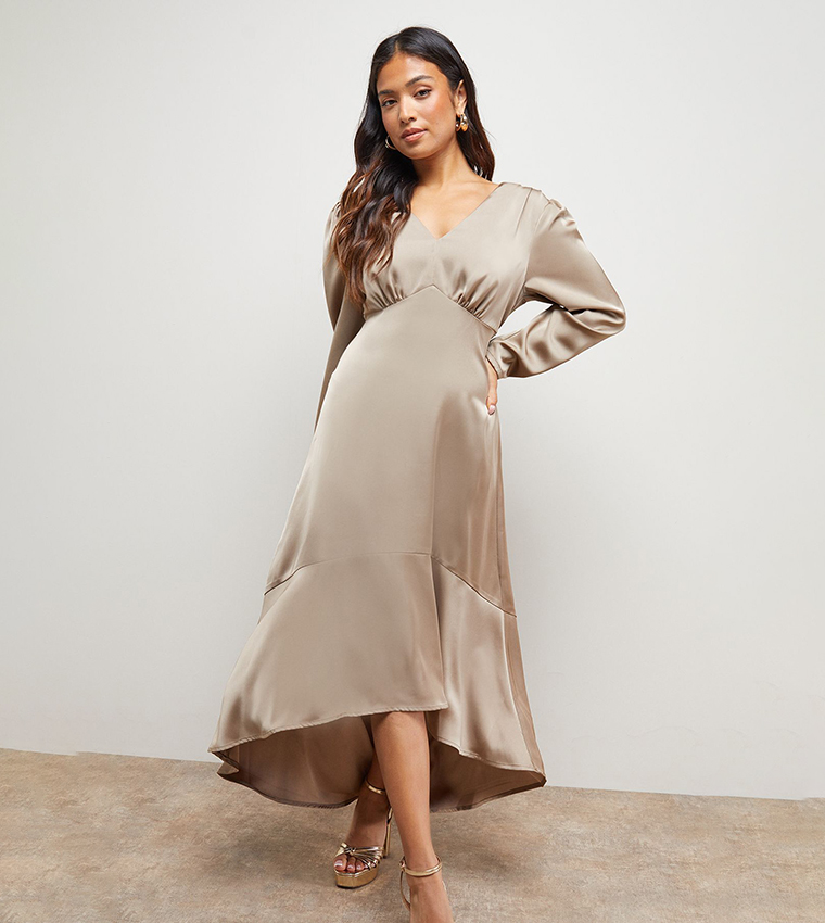 Petite Satin Puff Sleeves V-Neck High Low Hem Midi Dress