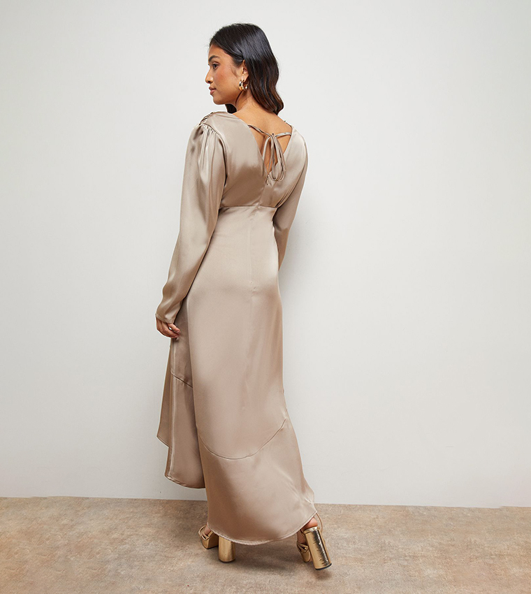 Petite Satin Puff Sleeves V-Neck High Low Hem Midi Dress