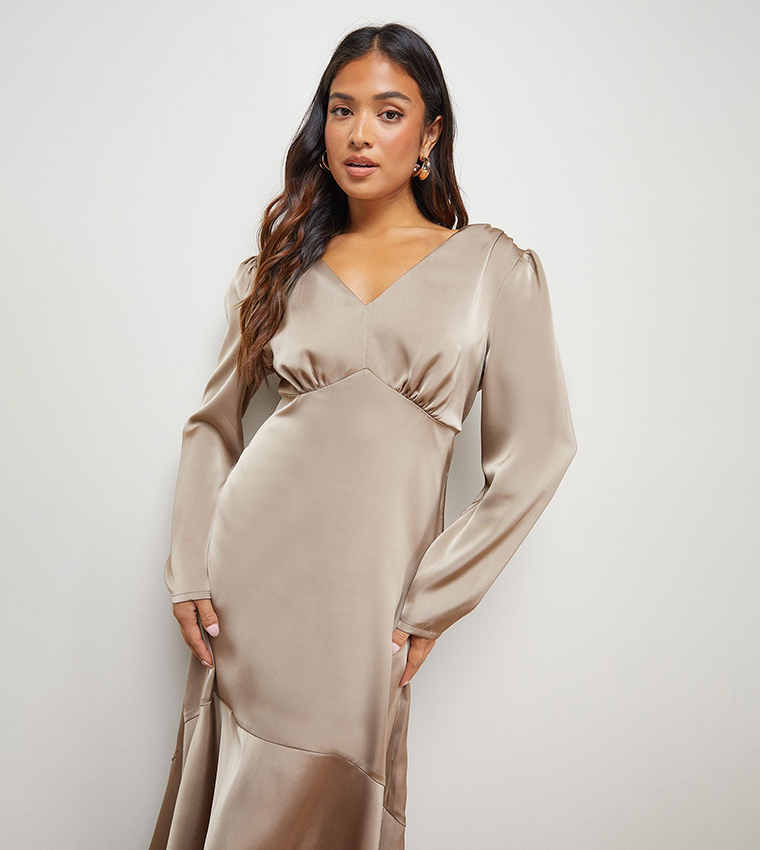 Petite Satin Puff Sleeves V-Neck High Low Hem Midi Dress