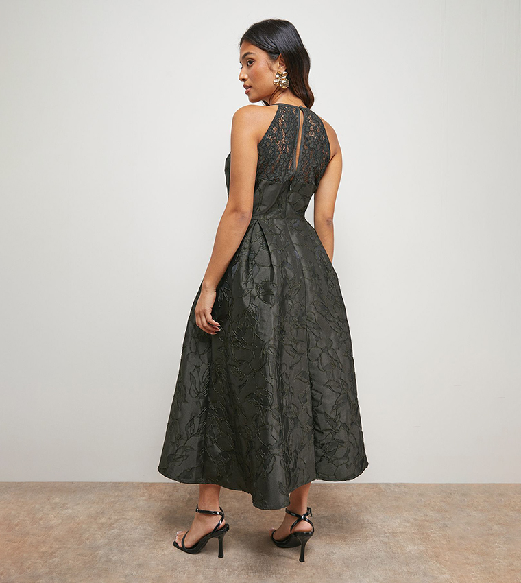 Petite Lace Yoke Jacquard Prom Midi Dress